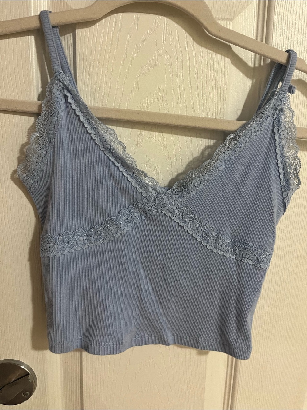 Garage Light Blue Lace-Trim Ribbed Crop Top